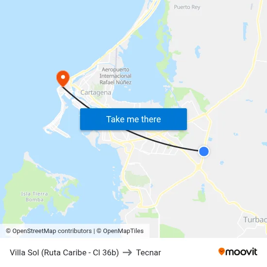 Villa Sol (Ruta Caribe - Cl 36b) to Tecnar map