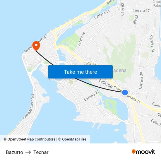 Bazurto to Tecnar map