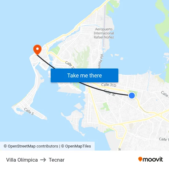 Villa Olímpica to Tecnar map