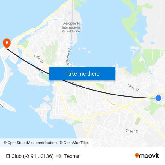 El Club (Kr 91 . Cl 36) to Tecnar map