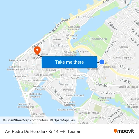 Av. Pedro De Heredia - Kr 14 to Tecnar map