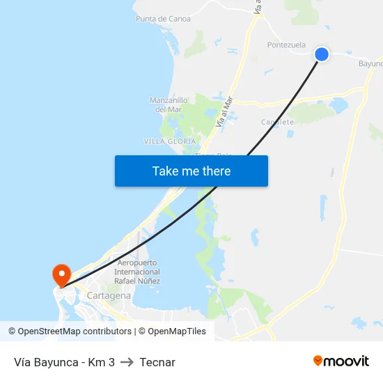 Vía Bayunca - Km 3 to Tecnar map