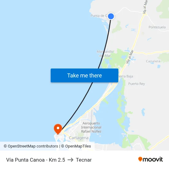 Vía Punta Canoa - Km 2.5 to Tecnar map