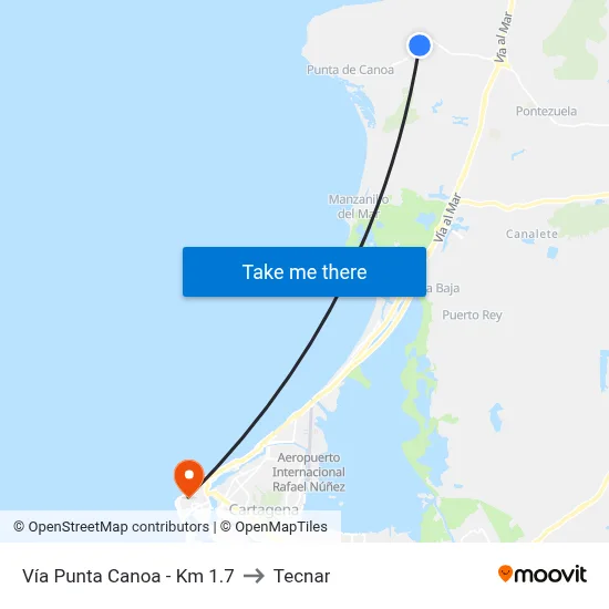 Vía Punta Canoa - Km 1.7 to Tecnar map