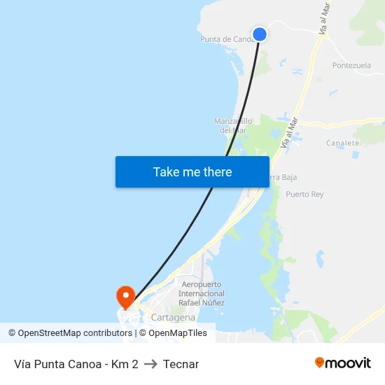 Vía Punta Canoa - Km 2 to Tecnar map