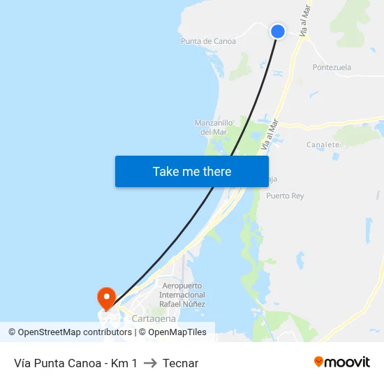 Vía Punta Canoa - Km 1 to Tecnar map