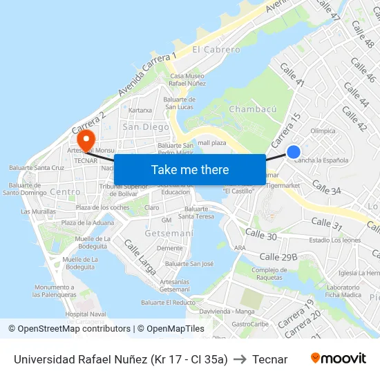 Universidad Rafael Nuñez (Kr 17 - Cl 35a) to Tecnar map