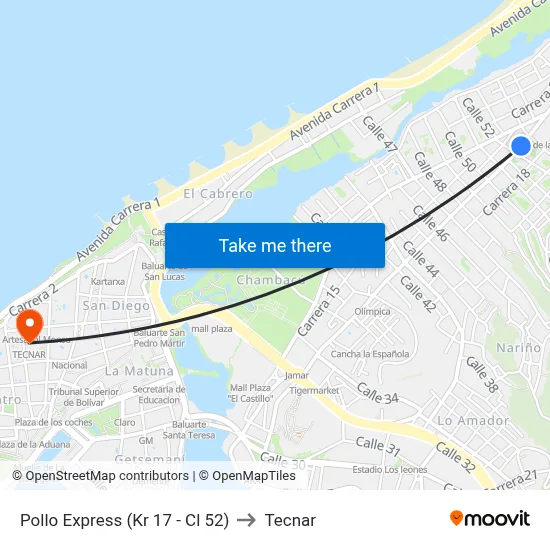Pollo Express (Kr 17 - Cl 52) to Tecnar map