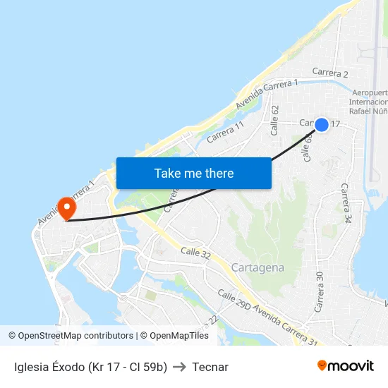 Iglesia Éxodo (Kr 17 - Cl 59b) to Tecnar map