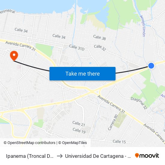 Ipanema (Troncal Del Caribe - Kr 89) to Universidad De Cartagena - Sede Piedra De Bolívar map