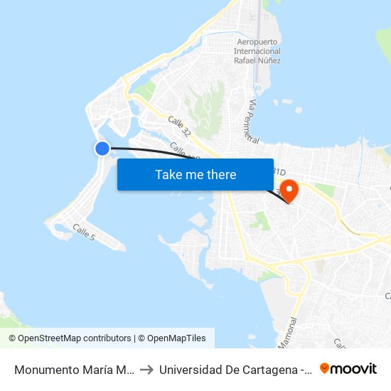 Monumento María Mulata (Kr 2 - Cl 15) to Universidad De Cartagena - Sede Piedra De Bolívar map