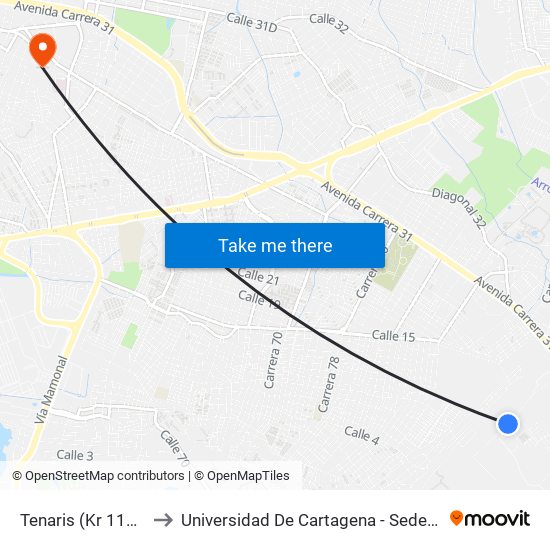 Tenaris (Kr 118 - Cl 11a) to Universidad De Cartagena - Sede Piedra De Bolívar map