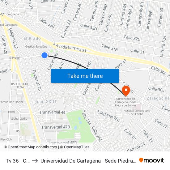 Tv 36 - Cl 29 to Universidad De Cartagena - Sede Piedra De Bolívar map