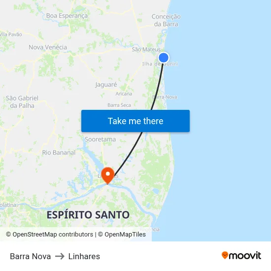 Barra Nova to Linhares map