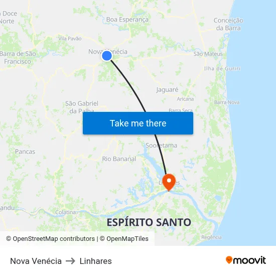 Nova Venécia to Linhares map