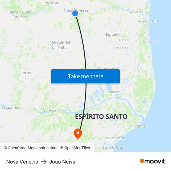 Nova Venécia to João Neiva map