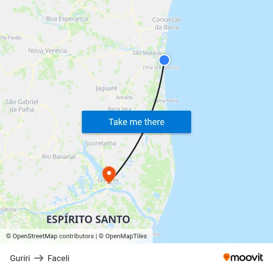 Guriri to Faceli map