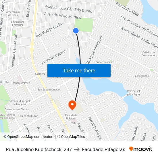 Rua Jucelino Kubitscheck, 287 to Facudade Pitágoras map