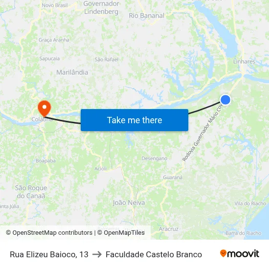 Rua Elizeu Baioco, 13 to Faculdade Castelo Branco map