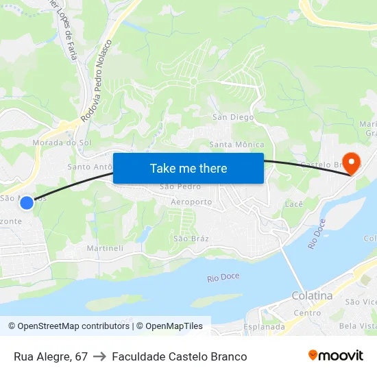 Rua Alegre, 67 to Faculdade Castelo Branco map