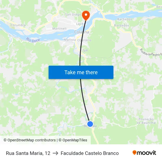 Rua Santa Maria, 12 to Faculdade Castelo Branco map