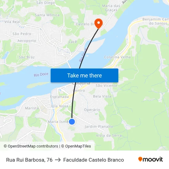 Rua Rui Barbosa, 76 to Faculdade Castelo Branco map