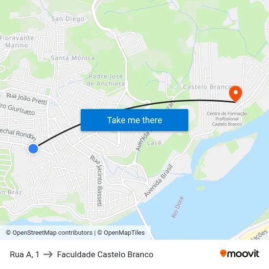 Rua A, 1 to Faculdade Castelo Branco map