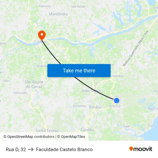 Rua D, 32 to Faculdade Castelo Branco map