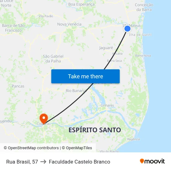 Rua Brasil, 57 to Faculdade Castelo Branco map