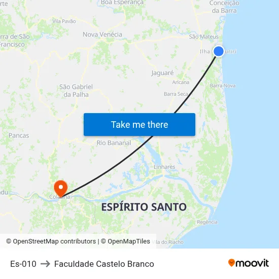 Es-010 to Faculdade Castelo Branco map