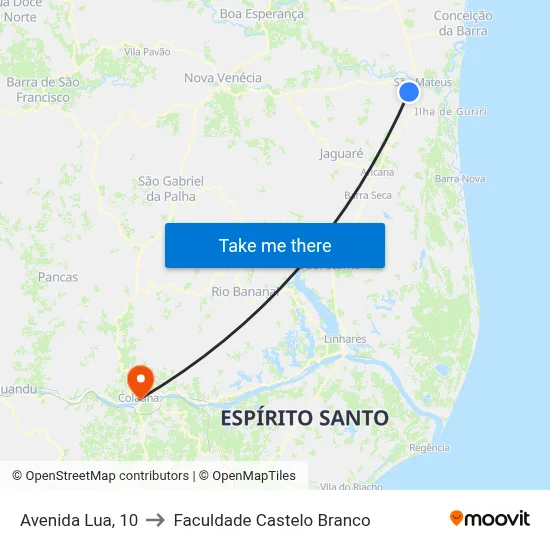 Avenida Lua, 10 to Faculdade Castelo Branco map