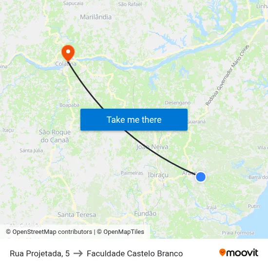 Rua Projetada, 5 to Faculdade Castelo Branco map