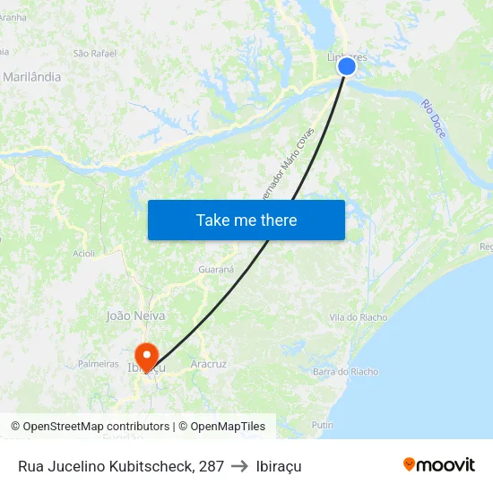 Rua Jucelino Kubitscheck, 287 to Ibiraçu map