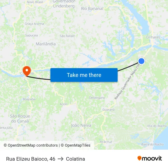 Rua Elizeu Baioco, 46 to Colatina map