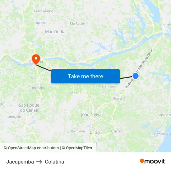 Jacupemba to Colatina map