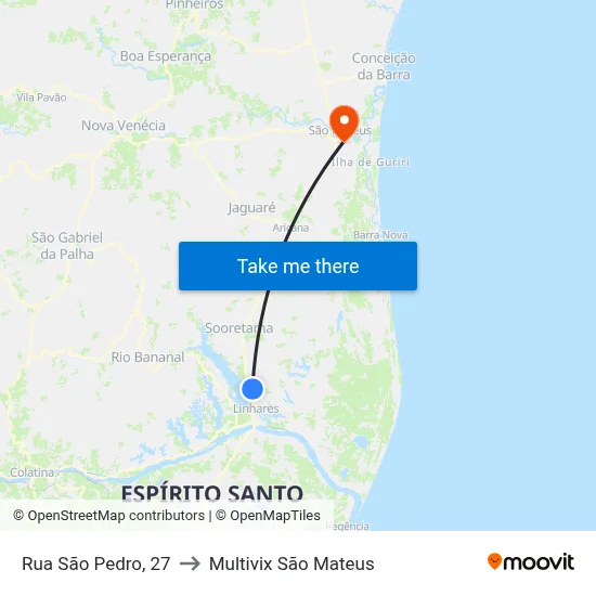 Rua São Pedro, 27 to Multivix São Mateus map