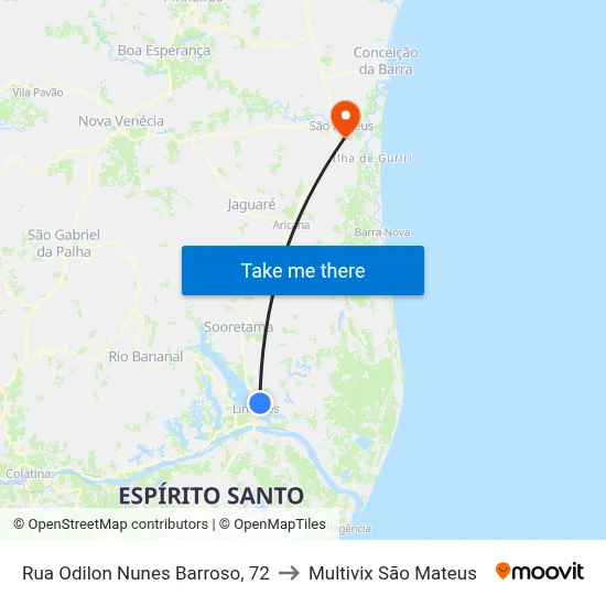 Rua Odilon Nunes Barroso, 72 to Multivix São Mateus map