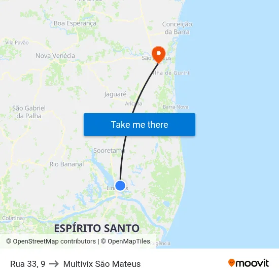Rua 33, 9 to Multivix São Mateus map