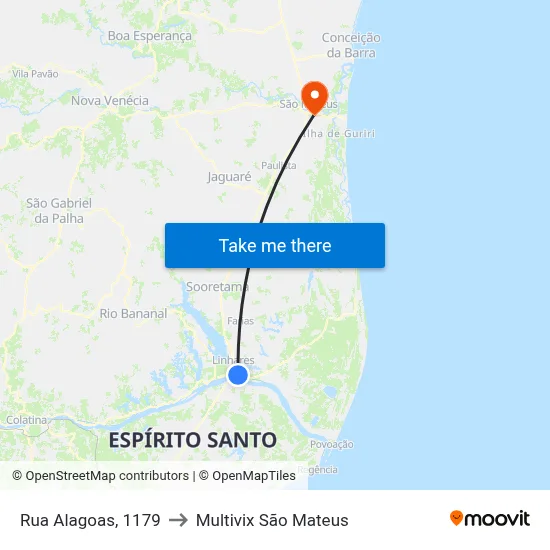 Rua Alagoas, 1179 to Multivix São Mateus map
