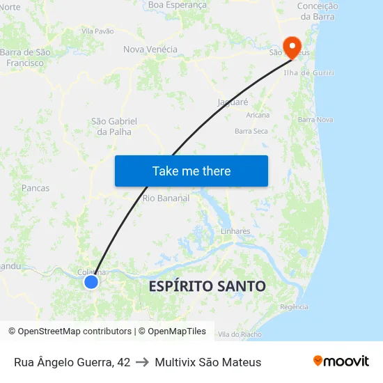 Rua Ângelo Guerra, 42 to Multivix São Mateus map