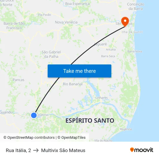 Rua Itália, 2 to Multivix São Mateus map