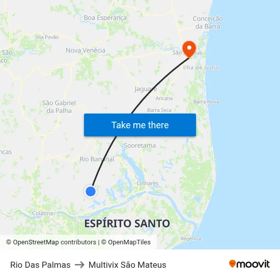 Rio Das Palmas to Multivix São Mateus map