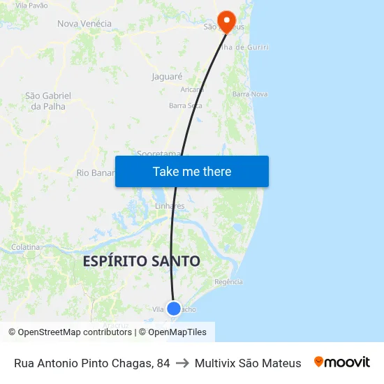 Rua Antonio Pinto Chagas, 84 to Multivix São Mateus map