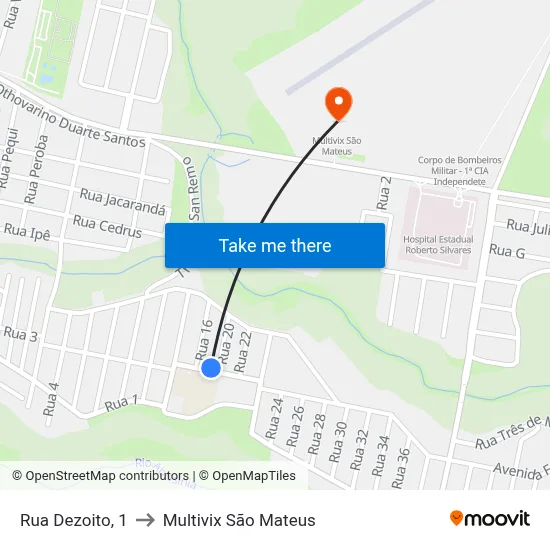 Rua Dezoito, 1 to Multivix São Mateus map