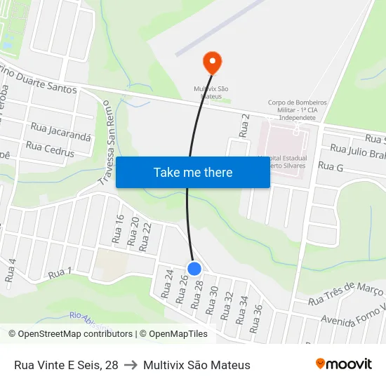 Rua Vinte E Seis, 28 to Multivix São Mateus map