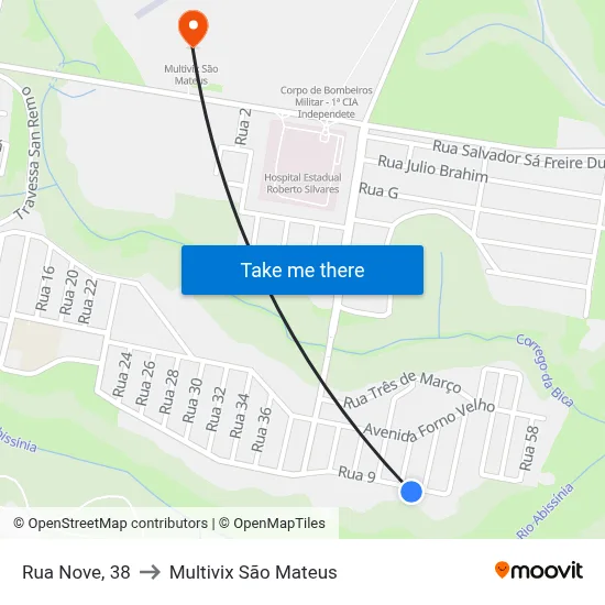 Rua Nove, 38 to Multivix São Mateus map