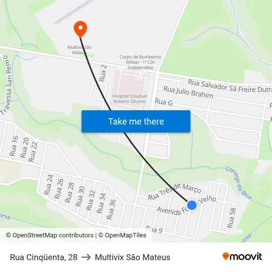 Rua Cinqüenta, 28 to Multivix São Mateus map