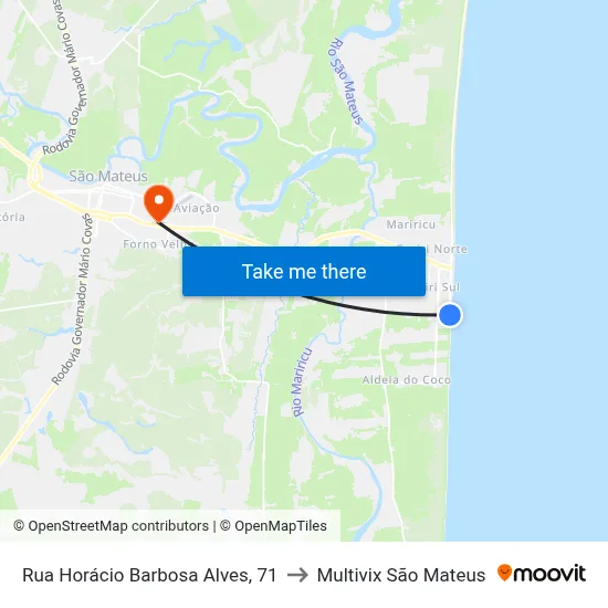 Rua Horácio Barbosa Alves, 71 to Multivix São Mateus map