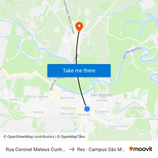 Rua Coronel Mateus Cunha, 605 to Ifes - Campus São Mateus map