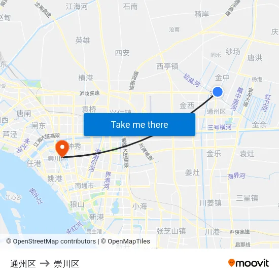 通州区 to 崇川区 map